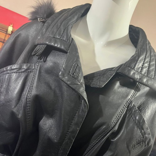 Evans leather coat L used, black with fox fur hood