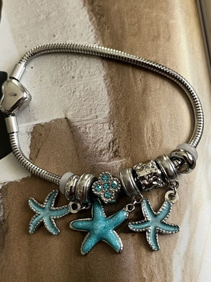 Bracelet stainless steel with turquoise and silver charms new