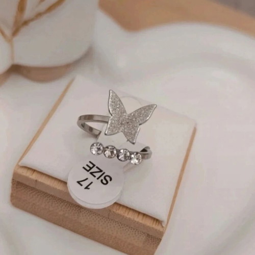 Steel butterfly ring new, silver with small diamonds