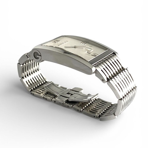 Gucci Logo Rectangular Stainless Steel Bracelet Date Roman Quartz Swiss 8600 M Wrist Watch like new