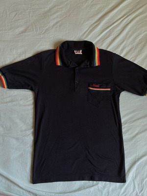 Liki Liki Vintage 80s Hawaiian Funky Rainbow Striped Black Polo Shirt Size S Like New