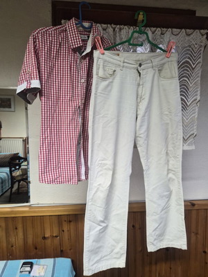 Sharks and Whales men's beige pants and red-white checkered short-sleeve shirt set