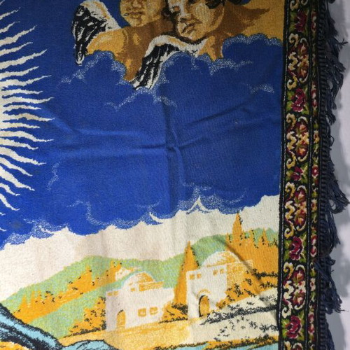 Vintage woven wall tapestry depicting Jesus with angels, like new