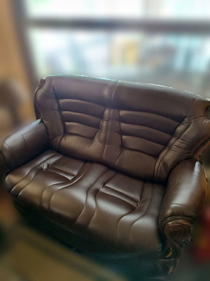 Leather sofa Italian design used, dark brown with wood details