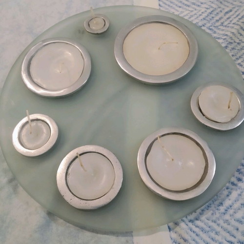 Large table candlestick like new, blown glass and solid aluminum