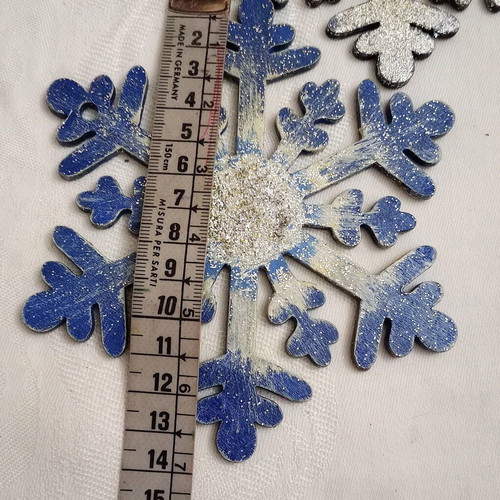 Wooden snowflake elements used, pack of 2, blue with silver glitter