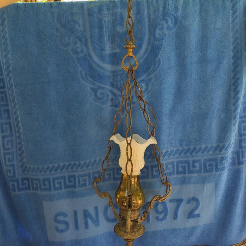 Retro brass ceiling light used, for one E14 bulb, antique copper