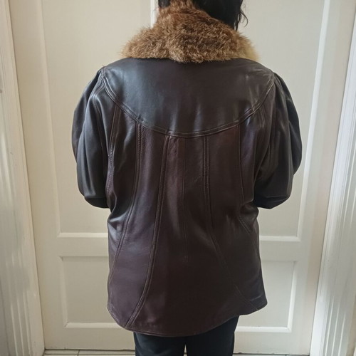Leather jacket with real fur collar used, brown