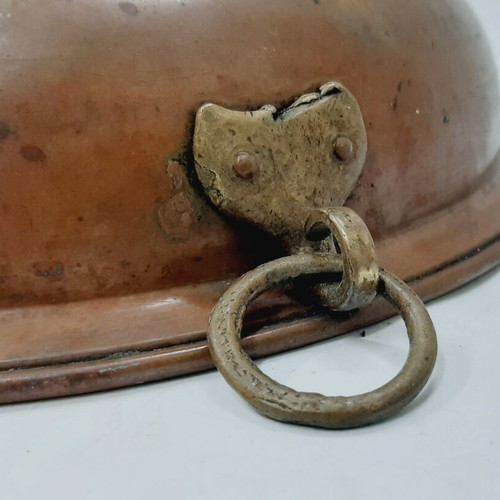 Vintage copper colander with brass ring handle, used, 30.5 cm