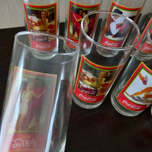 Coca-Cola set of 14 vintage promotional glasses new, 4 designs