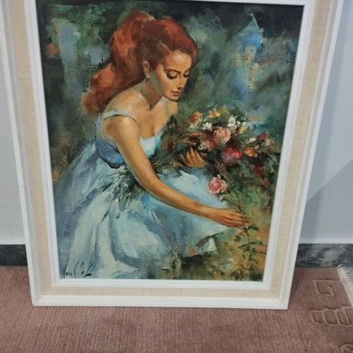 Girl Make Flowers artwork used, signed, framed