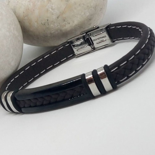 Men's Leather Bracelet with Stainless Steel and Tabac Leather New