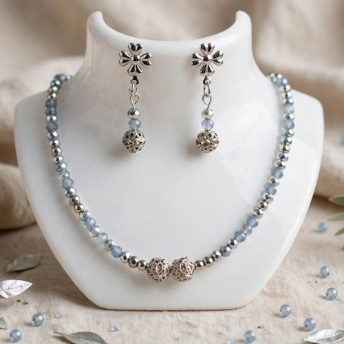 Handmade crystal beaded elegant jewelry set, new, gray and silver