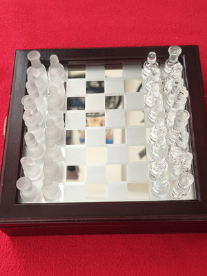 Vintage glass chess set used with wooden case and mirror board