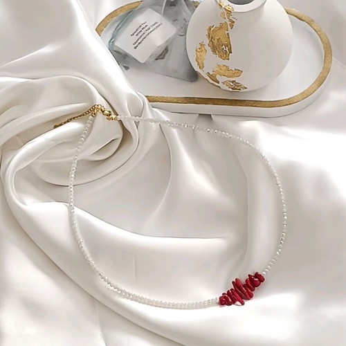 Handmade steel necklace with white crystals and red corals