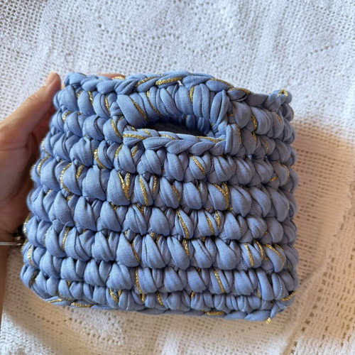 Small handmade knitted handbag, blue and gold
