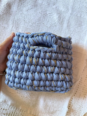 Small handmade knitted handbag, blue and gold