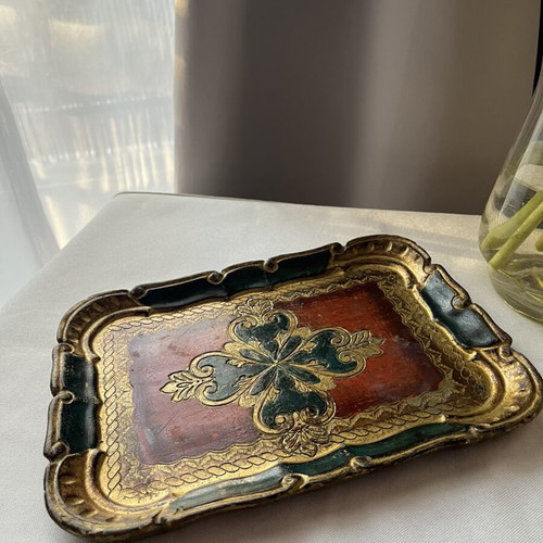 Vintage Italian Florentine wooden tray 25x18 cm used