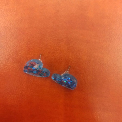 Heart earrings new, handmade from resin with blue glitter
