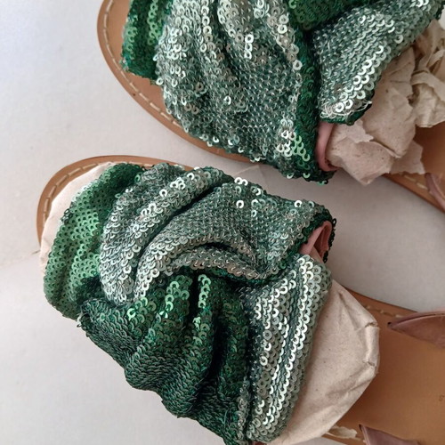 Statement sandals with green sequin design like new