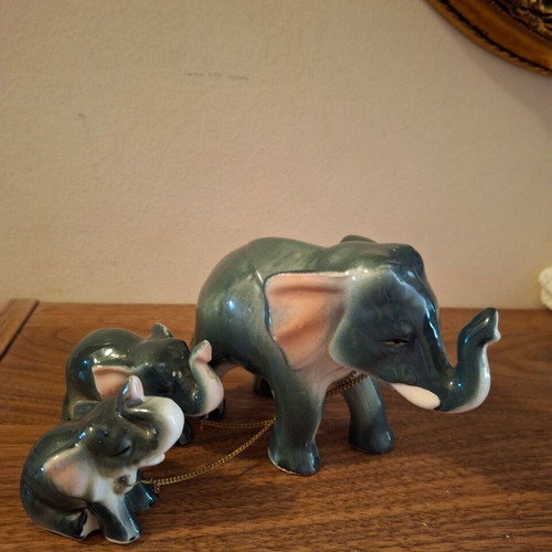 Elephant with 2 Porcelain Baby Elephants Vintage Decorative 1980s