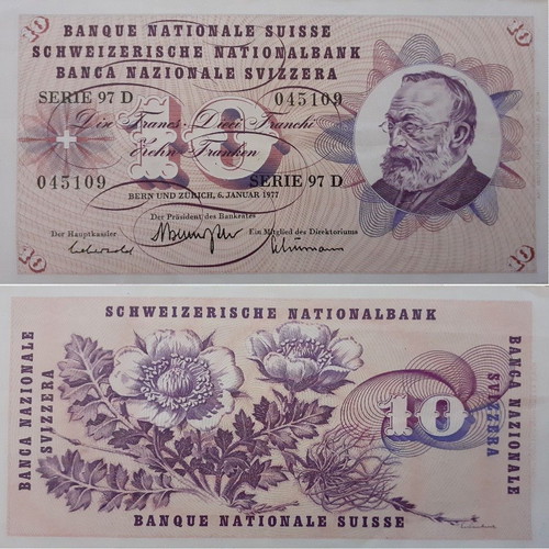 Switzerland 10 Francs Banknote 1977 like new