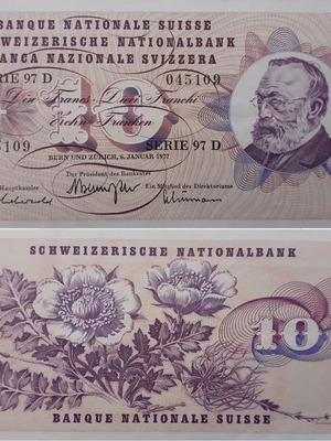 Switzerland 10 Francs Banknote 1977 like new