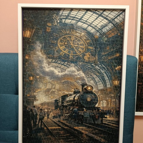 Puzzle 1000 pieces like new with white wooden frame, vintage steam train