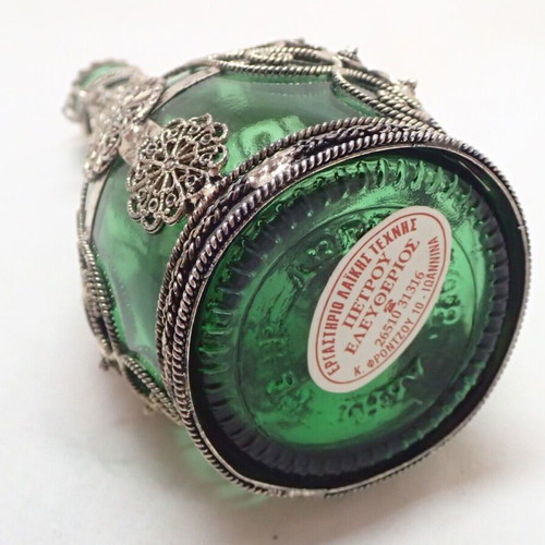 Vintage glass bottle with metal filigree technique from Ioannina folk art workshop
