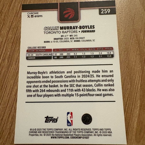 2025-26 Topps Chrome Collin Murray-Boyles Red White & Blue RC #259 Raptors card new