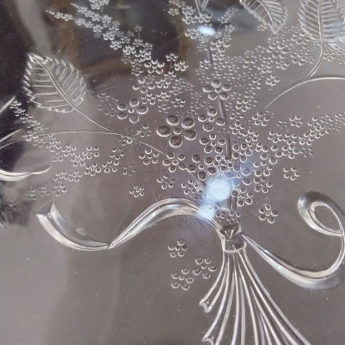 Glass snack platter used with embossed rose design, 31.5 cm diameter
