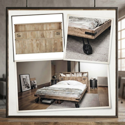 Maisons du Monde Industrial Bed & Headboard, solid mango wood