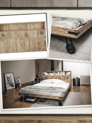Maisons du Monde Industrial Bed & Headboard, solid mango wood