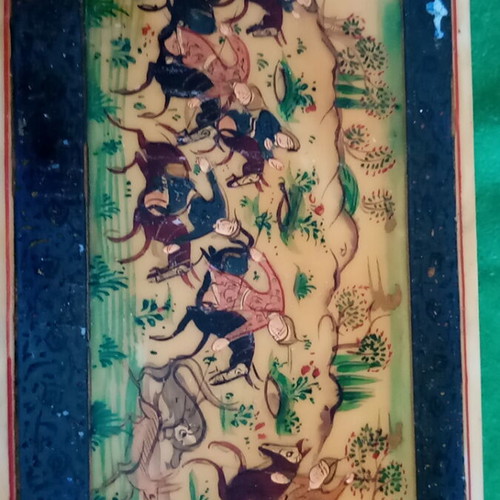 Vintage Persian miniature hand-painted hunting scene