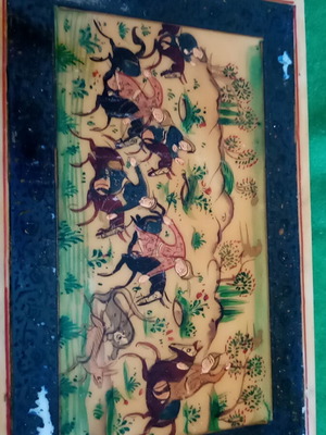 Vintage Persian miniature hand-painted hunting scene