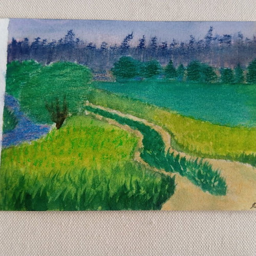 Landscape painting with watercolors and pastels 12.5x17 cm new