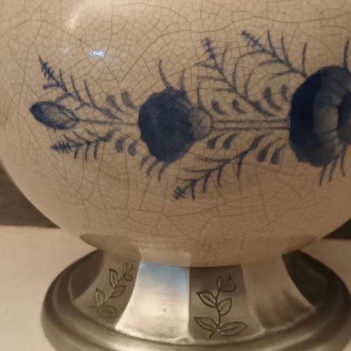 Vintage vase made of fine crackle porcelain and pewter like new