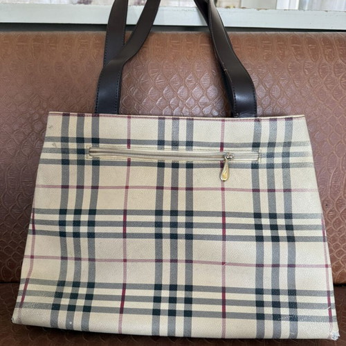 Plaid Leather Shoulder Bag used, beige and brown