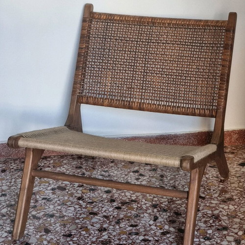 Πολυθρόνα lounge σαν καινούργιο από ξύλο μάνγκο με baboo πλέξη και σχοινί