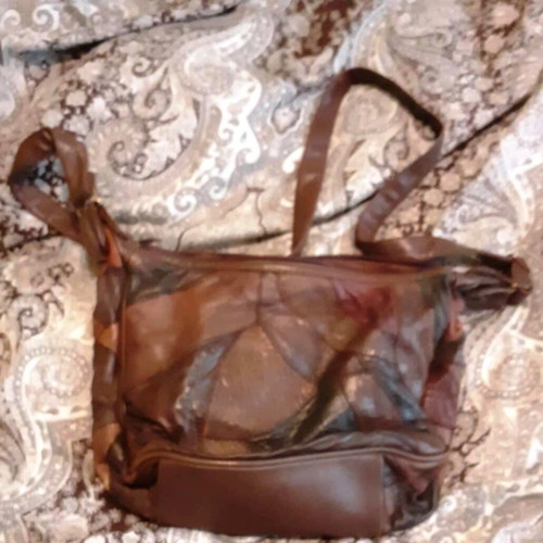 Leather shoulder bag used, beige and brown patchwork