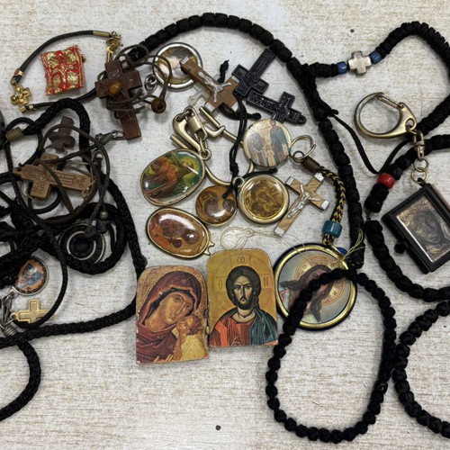 Christian religious items used, crosses, komboskinias, keychains