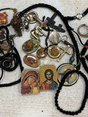 Christian religious items used, crosses, komboskinias, keychains