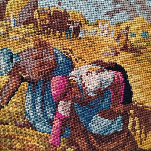 Hand-embroidered painting The Gleaners used with oak frame