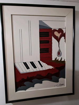 Piano oil painting on canvas original handmade with white frame and black border new