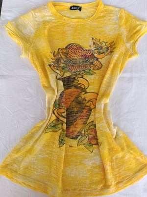 Batik yellow blouse One Size like new with heart design and rhinestones