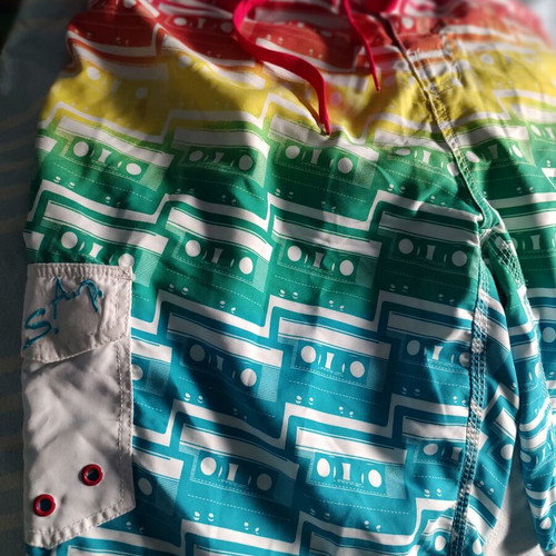 Men's Rainbow Swim Shorts with Retro Cassette Tape Pattern