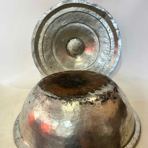 Vintage copper pot with lid 1950, used, 19x36 cm