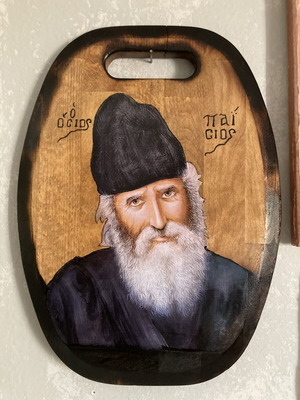 Saint Paisios image silk screen on wooden cutting board