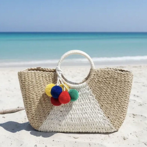 Nolah basket bag new, beige with colorful pom poms