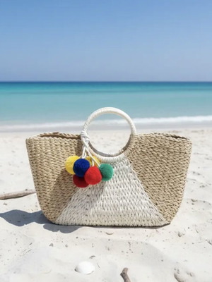 Nolah basket bag new, beige with colorful pom poms